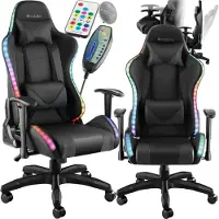 TecTake Chaise de gaming TARTAROS avec fonction massage et LED - noir/noir