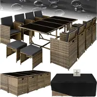 TecTake Salon de jardin PALMA 12 places avec housse de protection, variante 2 - marron naturel/gris foncé