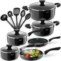 TecTake Ensemble de casseroles 15 pièces - Aluminium avec couvercles en verre - ustensiles inclus - Noir