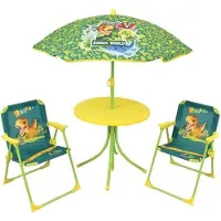Fun House 713464 Jurassic World - Salon de jardin avec dinosaures pour enfants avec table (46 x 46 cm, 2 chaises de hauteur de 53 x 38,5 x 37,5 cm et un parasol H.125 x 100 cm, Multicolour