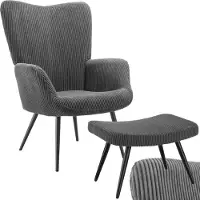 TecTake Ear Armchair with Hocker - Fauteuil scandinave Teddy Bouclé - Chaise de salon et de séjour - Pieds en métal noir - Capacité 150kg - Velours côtelé - Gris