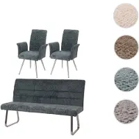 Mendler Set de salle à manger HWC-G55, set de 2 chaises avec accoudoirs+banc 180cm, inox brossé tissu/textile chenille bleu-vert