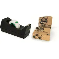 3M Dérouleur de table C38 noir + ruban adhésif Magic, fabriqué avec 66 % de colle végétale, 19 mm x 33 m, 3 rouleaux inclus