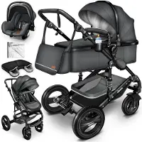 Kiduku Poussette combinée 3 en 1 Anthracite/Noir Buggy Poussette de voyage avec coque auto/bébé Pliable ECE R129
