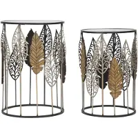 Mauro Ferretti Paire De Tables Basses En Forme De Feuille, En Fer, Mdf Et Verre - Design Multicolore Naturel - 38 X 55 Cm Et 33 X 50 Cm - Tables Basses Élégantes Pour La Décoration Du Salon