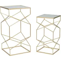 Mauro Ferretti Paire De Tables De Téléphone Carrées Glamour En Métal Doré Et Verre Gaufré - Lot De 2 - Style Glam 1427810000