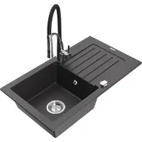 Mexen Pablo Évier en granit 1 bac avec égouttoir et mitigeur Aster, noir moucheté - 6510-76-73450-07
