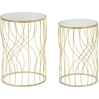 Mauro Ferretti Paire De Tables Basses Ligne Oro - Design Rond En Métal AvecReproduction Géométrique Et Plateau Miroir - Style Glamour 38X55Cm Et 33X50Cm