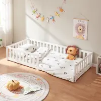 En.casa Lit d'enfant 'Tanna' lit de sol 90 x 200 cm Lit Montessori avec protection antichute pin blanc