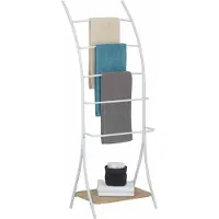 Idimex Porte-Serviettes Sur Pied Edy Portant Pour Linge De Salles De Bain Avec 5 Barres En Métal Laqué Blanc, 1 Étagère En Mdf Chêne Sonoma