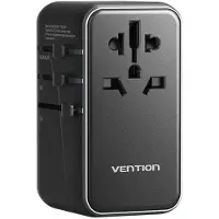 Vention Adaptateur de voyage universel 100 W GaN avec chargeur, 1 port USB-A et 3 ports USB-C, noir