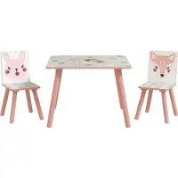 ZONEKIZ Table et 2 chaises pour enfants 3-8 ans ensemble 3 pièces motif animaux pour chambre à coucher salle de jeux pieds en bois massif rose