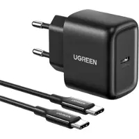 UGREEN Chargeur mural CD250, 25W, USB-C (noir) + câble USB-C vers USB-C, 2m (noir) (25 W, 1 portion), Chargeur USB, Noir