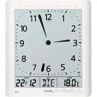 AMS Horloge murale radio , mouvement radio avec affichage analogique de l'heure et affichage numérique de l'heure, de la date, du jour et de la température, 21x24x3cm, 5896