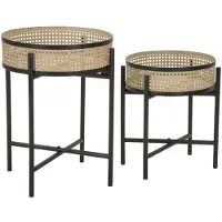 Mauro Ferretti Ensemble De 2 Tables Basses Fuji, Ø 40X50 Et 35X40 Cm, En Métal Noir - Supports Pour Plantes Amovibles, Style Bohème Chic Et Paille De Vienne