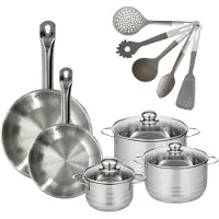 Fackelmann Batterie de cuisine avec 3 faitouts 16/20/24 cm et 2 poêles 24/28 cm avec 5 ustensiles de cuisine sans PFAS Etherna Brillant Vario