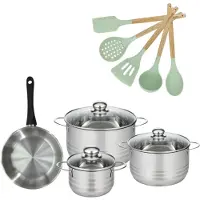 Fackelmann Batterie de cuisine avec 3 faitouts 16/20/24 cm et 1 poêle 20 cm avec 5 ustensiles de cuisine Généva Brillant Ocean