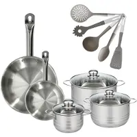 Fackelmann Lot de 2 Poêles en inox 20/28 cm Eterna avec 3 Faitouts 16/20/24 cm et 5 ustensiles