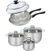 Fackelmann Batterie de cuisine avec 2 poêles 24/28 cm et 3 faitouts 16/20/24 cm sans PFAS Généva Brillant avec couvercles