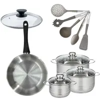 Fackelmann Batterie de cuisine avec 3 faitouts 16/20/24 cm et 1 poêle 28 cm sans PFAS et 6 ustensiles de cuisine Généva Brillant Vario avec couvercles