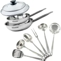 Fackelmann Set de 2 poêles 24 et 28 cm en inox, 2 couvercles verre et 6 ustensiles inox Eterna