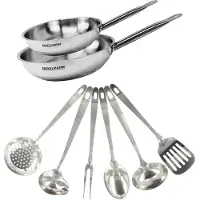 Fackelmann Set de 2 poêles de 24 et 28 cm en inox et 6 ustensiles inox Eterna