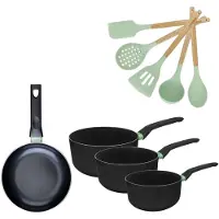 Fackelmann Batterie de cuisine avec 1 poêle 20 cm et 3 casseroles 16/18/20 cm sans PFAS et 5 ustensiles de cuisine Brandao Océan