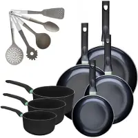Fackelmann Lot de 4 poêles 20/24/28/30 cm et 3 casseroles 16/18/20 cm Brandao avec 5 ustensiles de cuisine