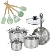 Fackelmann Batterie de cuisine avec 3 faitouts 16/20/24 cm et 1 poêle 24 cm avec 6 ustensiles de cuisine Etherna Brillant Fenix Océan avec couvercles