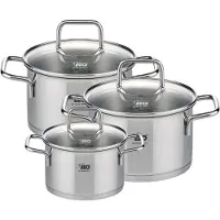 Fackelmann Elo 9993550 Set De 3 Faitouts En Inox De 12, 16 Et 20 Cm, Faitouts Avec Couvercles En Verre, Marmites, Casseroles, Faitouts, Acier Inoxydable, Verre, 12 Cm, 16 Cm 20 Cm