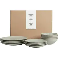 Broste Copenhagen Ensemble de vaisselle Nordic Marsh 12 pièces / 4 personnes - 4 assiettes à diner, 4 assiettes à petit-déjeuner et 4 bols