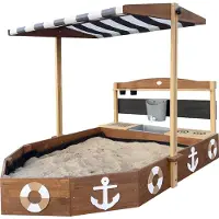 Axi Bac à sable Dora Boot avec cuisine ludique et toit (UV50) 160 x 100 cm Anthracite/marron – Avec tableau noir et espace de rangement - Toile de protection incluse - Garantie 10 ans !