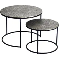 Wohnling Ensemble de 2 tables gigognes en métal argenté rondes avec plateau en aluminium Motif Table basse Table d'appoint moderne Table de salon