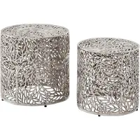 Wohnling Lot de 2 tables gigognes rondes en aluminium avec motif décoratif en forme de feuilles Tables décoratives modernes Table basse Table d'appoint Ensemble de tables design pour salon