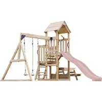 Axi Mette Aire De Jeux En Bois Avec 2 Balançoires, Toboggan Rose Pastel, Table De Pique Nique / Aire De Jeux Extérieur Avec Balançoires/ Bac À
