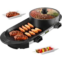 Vevor 2 en 1 BBQ Hot Pot multifonctionnel, BBQ Grill et Hot Pot avec paroi de séparation, Double thermostat séparé Teppanyaki Grillpot avec 5 vitesses, pour la famille, le dîner, les amis, la fête