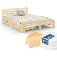 Homestyle4u Lit double en bois 180x200 avec 2 matelas à ressorts et tiroirs naturelle pin Cadre de lit en bois massif sommier à lattes