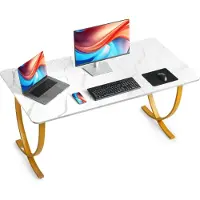 Vevor Bureau de direction 160 x 80 cm, grande table d'ordinateur moderne, table d'étude en acier Q195 et panneaux de particules, charge 158 kg, poste de travail pour bureau à domicile, blanc et or