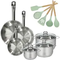 Fackelmann Batterie de cuisine avec 3 faitouts 16/20/24 cm et 3 poêles 20/24/28 cm avec 5 ustensiles de cuisine Etherna Brillant Fenix Océan