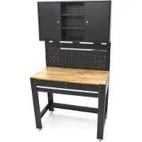 HBM établi 115 cm avec grand tiroir, paroi d’armoire et panneau arrière, noir