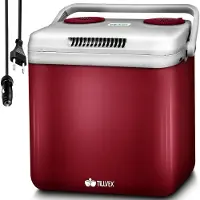 Tillvex Glacière électrique 32L rouge | Mini-réfrigérateur 230 V et 12 V pour voiture camping | refroidit & réchauffe | Mode ECO
