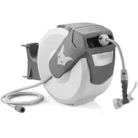 FUXTEC Enrouleur de tuyau d'eau Gris FX-WSA30G - 30m de tuyau d'eau | 180° pivotant | 65cm x29cm x46cm | Multi-brasseur manuel | Fixation murale | 10,3bar