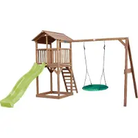 Axi Beach Tower Aire De Jeux Avec Toboggan En Vert Clair, Balançoire Nid D'Oiseau Vert & Bac À Sable | Grande Maison Enfant Extérieur En Marron |