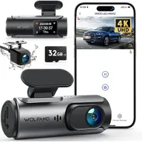 WOLFANG Caméra de tableau de bord , 4K, avec Wi-Fi et carte SD de 32 Go
