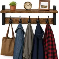 Luft Porte-manteau mural avec étagère - 10 crochets - Suspension - Porte-manteau - Vêtements - Cintres - Vintage - Mural - Industriel - Bois - Garde robe - Noir -
