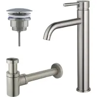 FortiFura Calvi Kit mitigeur lavabo - robinet rehaussé - bonde non-obturable - siphon design bas - PVD Inox brossé SW377857/SW696207/SW696217