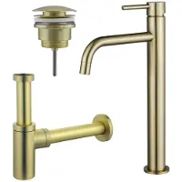 FortiFura Calvi Slim Kit mitigeur lavabo - robinet rehaussé - bonde clic clac - siphon design - PVD Laiton brossé SW720546/SW696202/SW696213