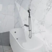 FortiFura Nebbio Ensemble combiné bain - robinet thermostatique - barre de douche avec coude mural intégré - flexible de douche lisse - douchette ronde - Remplissage-vidage de baignoire - PVD gunmetal