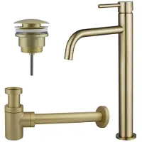 FortiFura Calvi Slim Kit mitigeur lavabo - robinet rehaussé - bonde clic clac - siphon design bas - PVD Laiton brossé SW720546/SW696202/SW696218