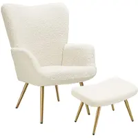 TecTake Fauteuil de style scandinave - Avec pouf - Teddy chair Hygge - Chaise pour le salon, la chambre - Chaise longue - Pieds en métal doré - Capacité jusqu'à 150 kg - Crème